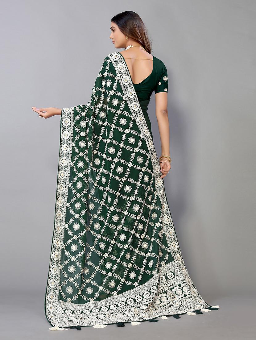 dark green georgette embroidered saree with blouse - 19142494 - Standard Image - 1