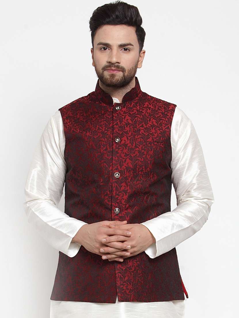 maroon self design nehru jacket