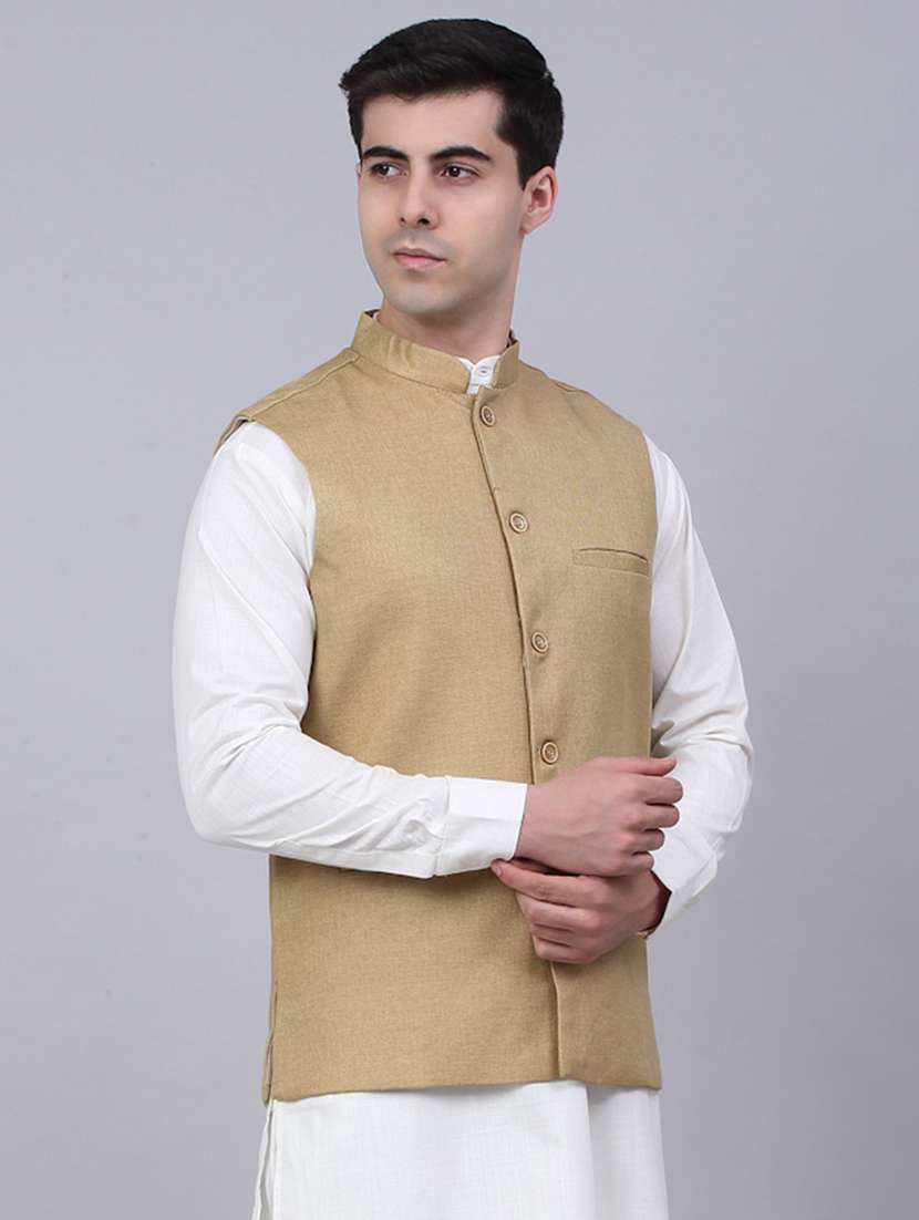 mandarin neck solid nehru jacket - 19143073 -  Standard Image - 1