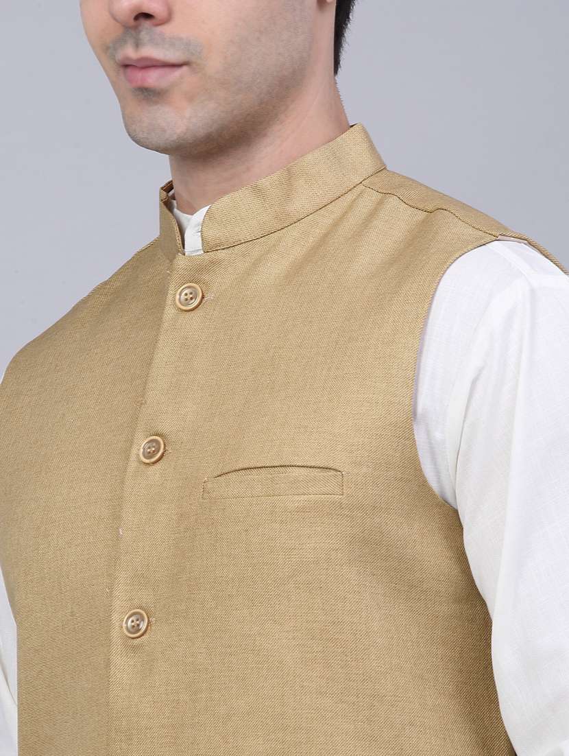 mandarin neck solid nehru jacket - 19143073 -  Standard Image - 4