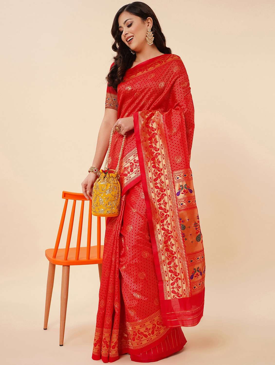 women's self design red colored saree with blouse
