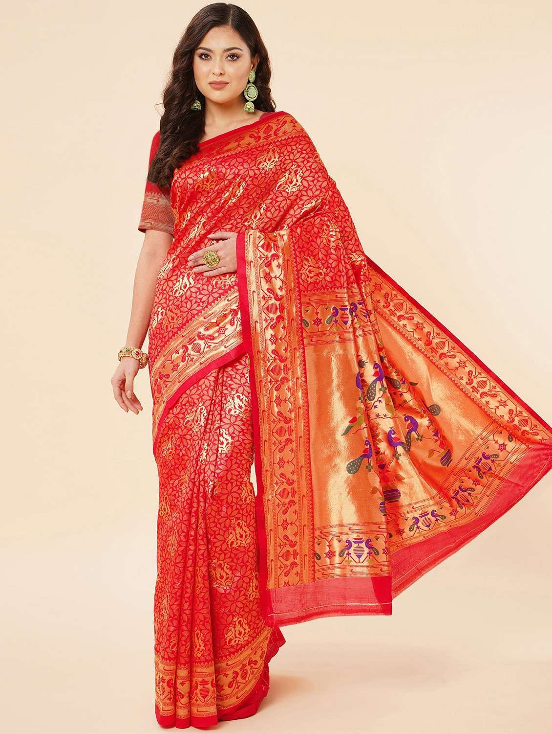 women's self design red colored saree with blouse