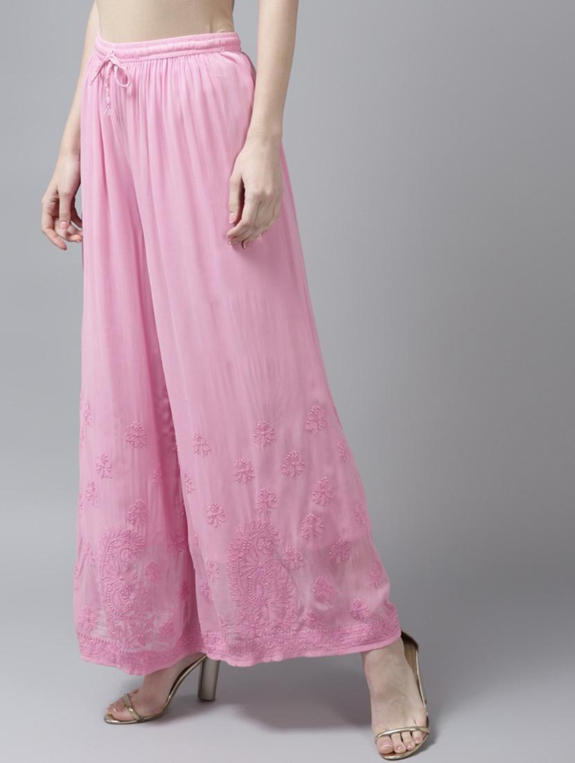 ada women's hand embroidered pink ethnic motifs embroidered flared handloom georgette palazzo - 19143173 - Standard Image - 1