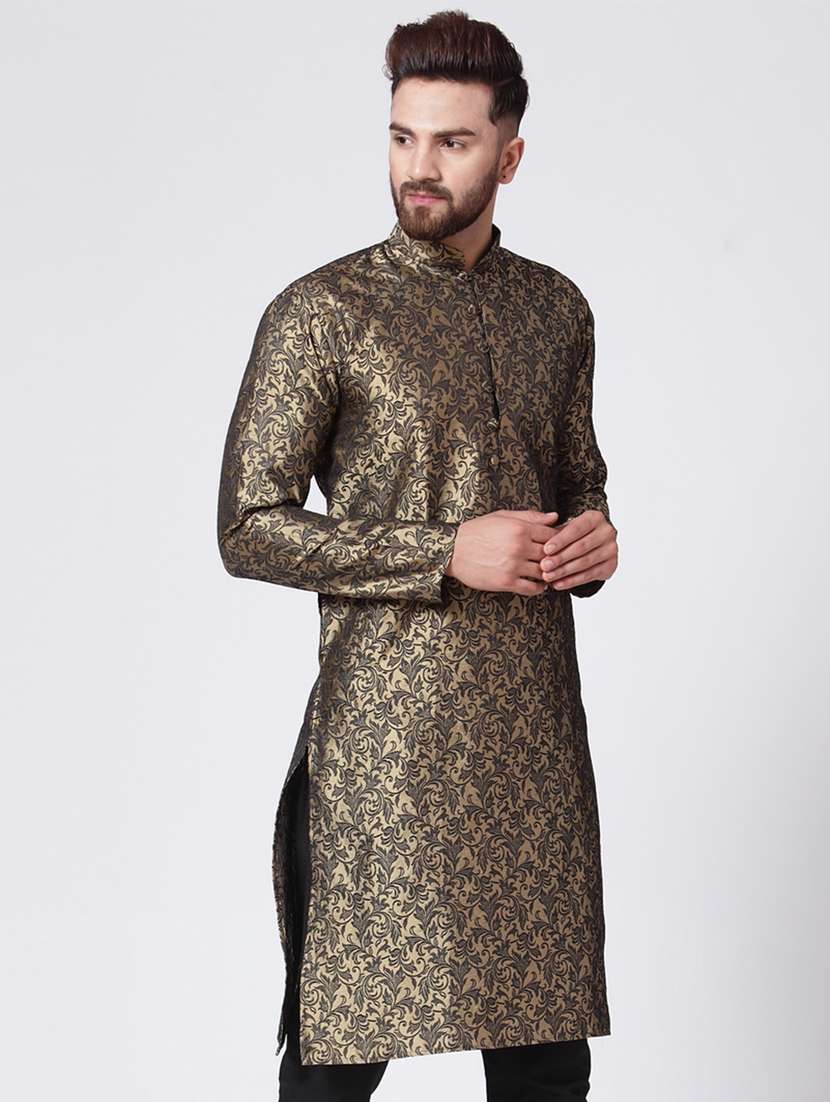 gold mandarin collar kurta - 19147554 -  Standard Image - 1