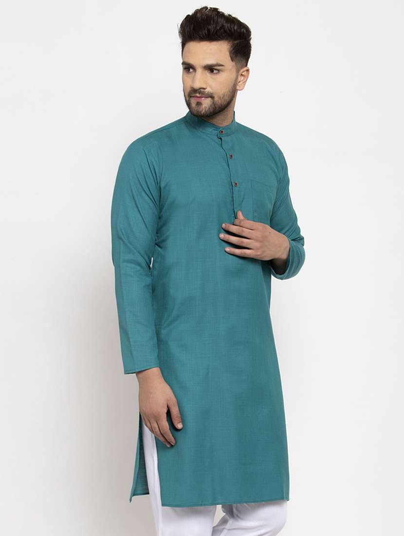 green mandarin collar kurta - 19147566 -  Standard Image - 1