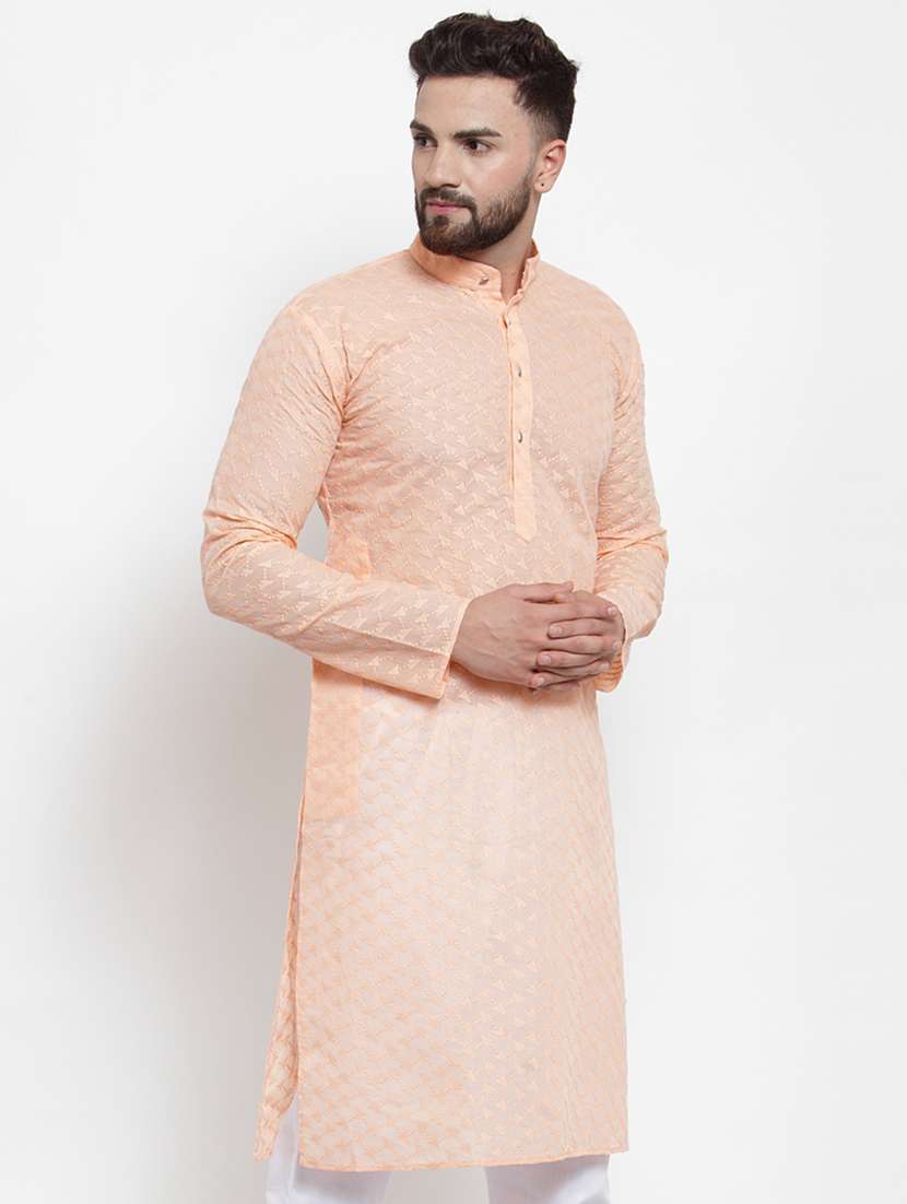 Peach Mandarin Collar Kurta - 19147590 -  Standard Image - 1