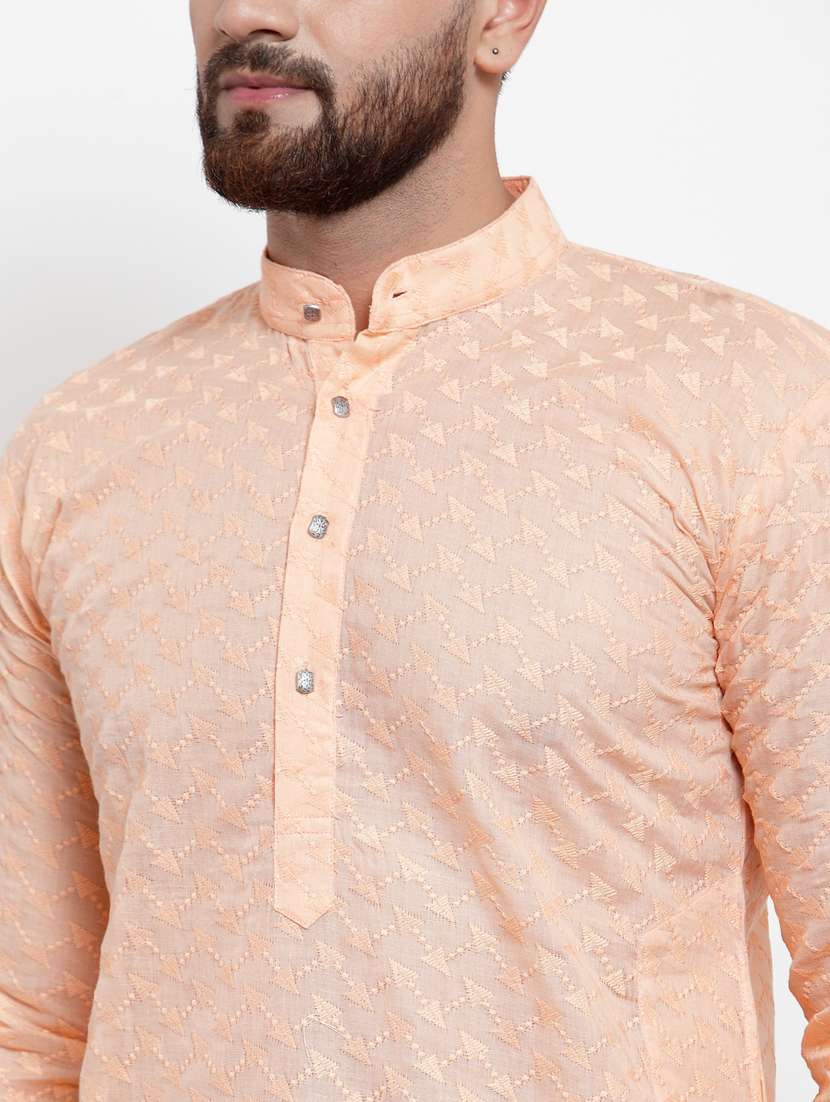 Peach Mandarin Collar Kurta - 19147590 -  Standard Image - 4