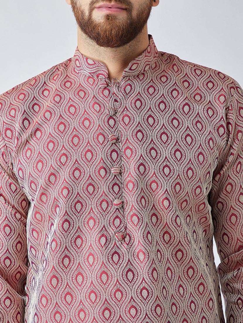 red jacquard long kurta - 19147608 -  Standard Image - 4