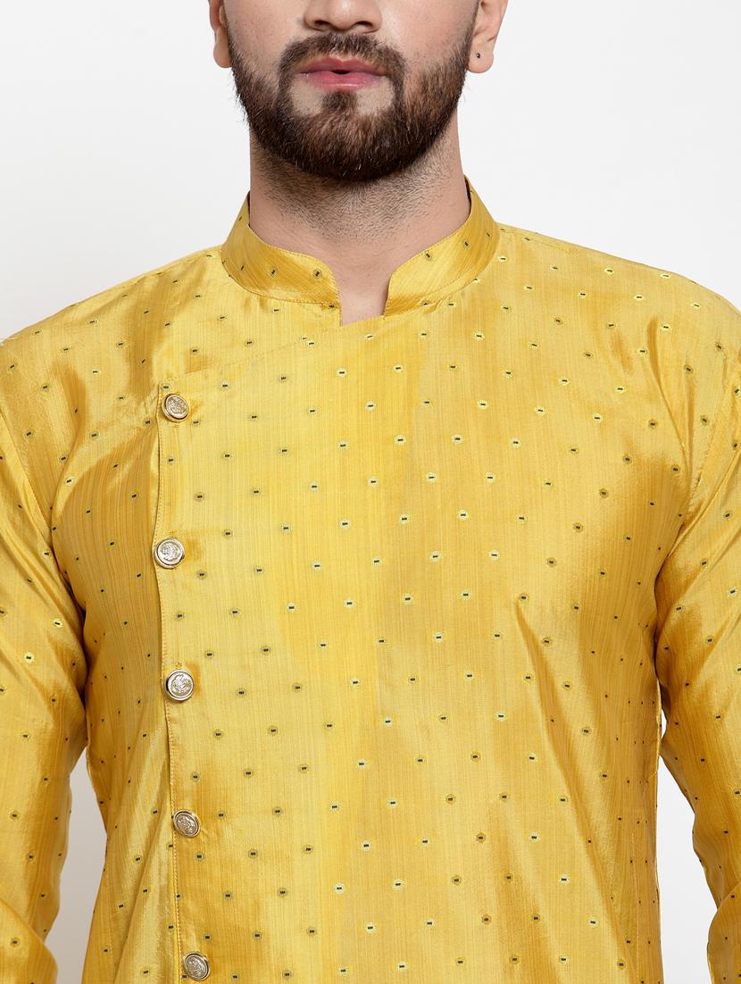 yellow coloured jacquard long kurta - 19147646 - Standard Image - 4