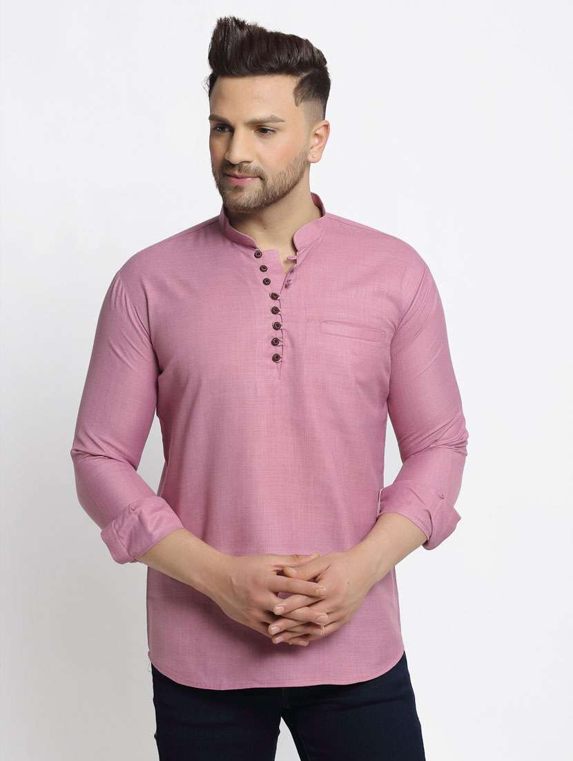men solids mandarin neck short kurtas