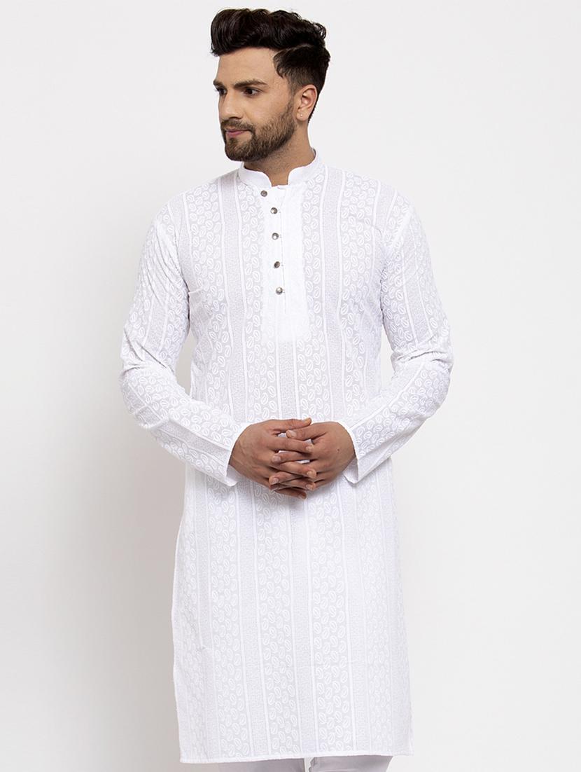 men white embroidered long sleeve long kurta