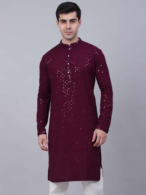 men purple mandarin neck squins work kurta