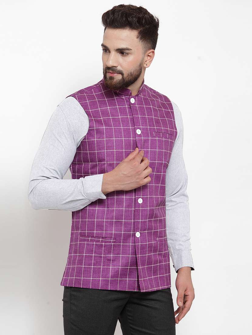 mandarin neck checkered nehru jacket - 19148669 -  Standard Image - 1