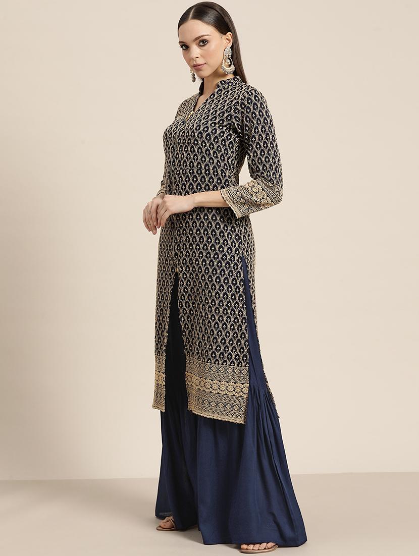 navy blue solid with work kurta sharara set - 19148983 - Standard Image - 1