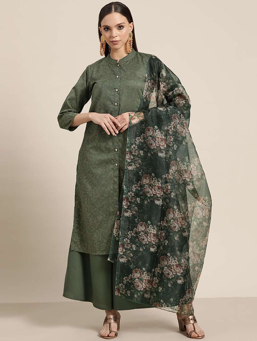 women green solid kurta palazzo with dupatta set