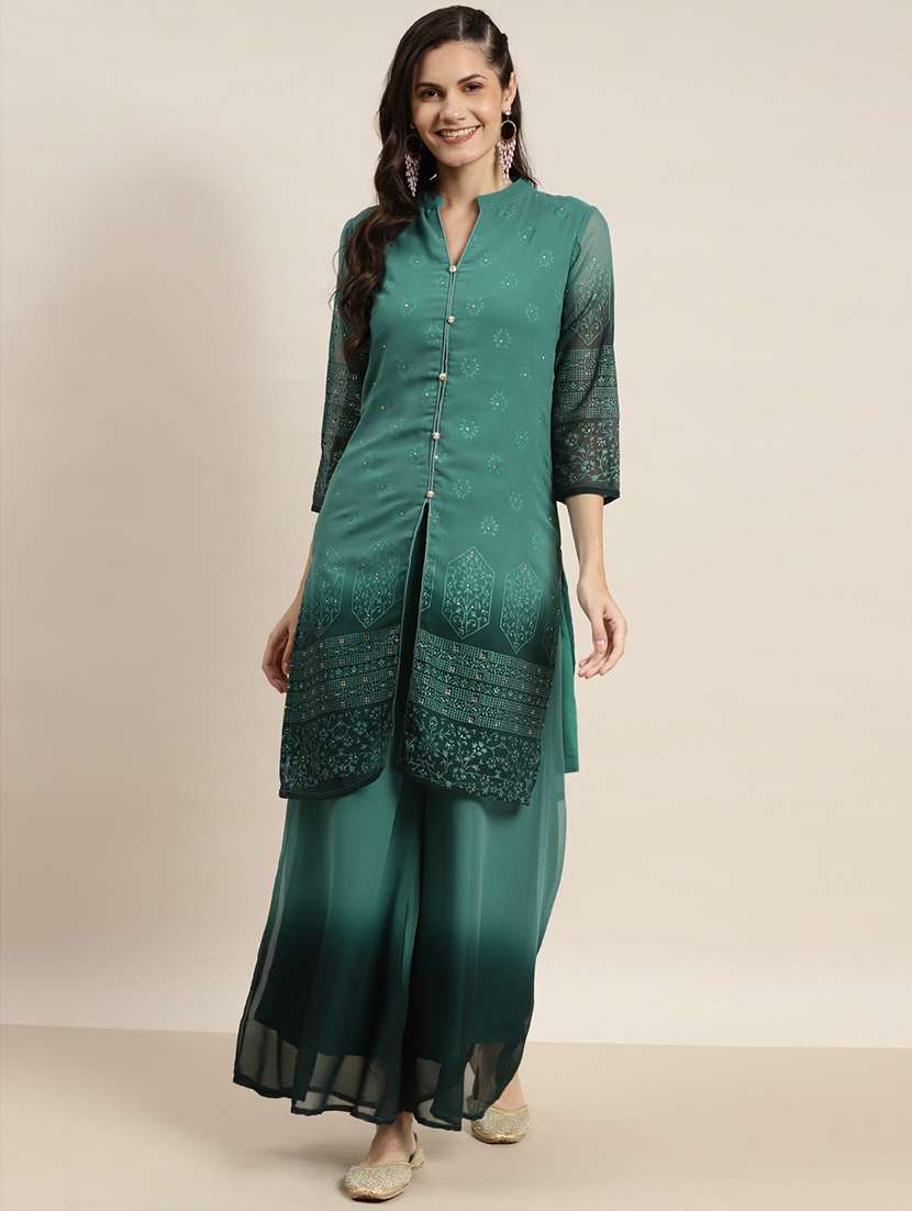 women green mandarin neck kurta palazzo set - 19149088 - Standard Image - 1