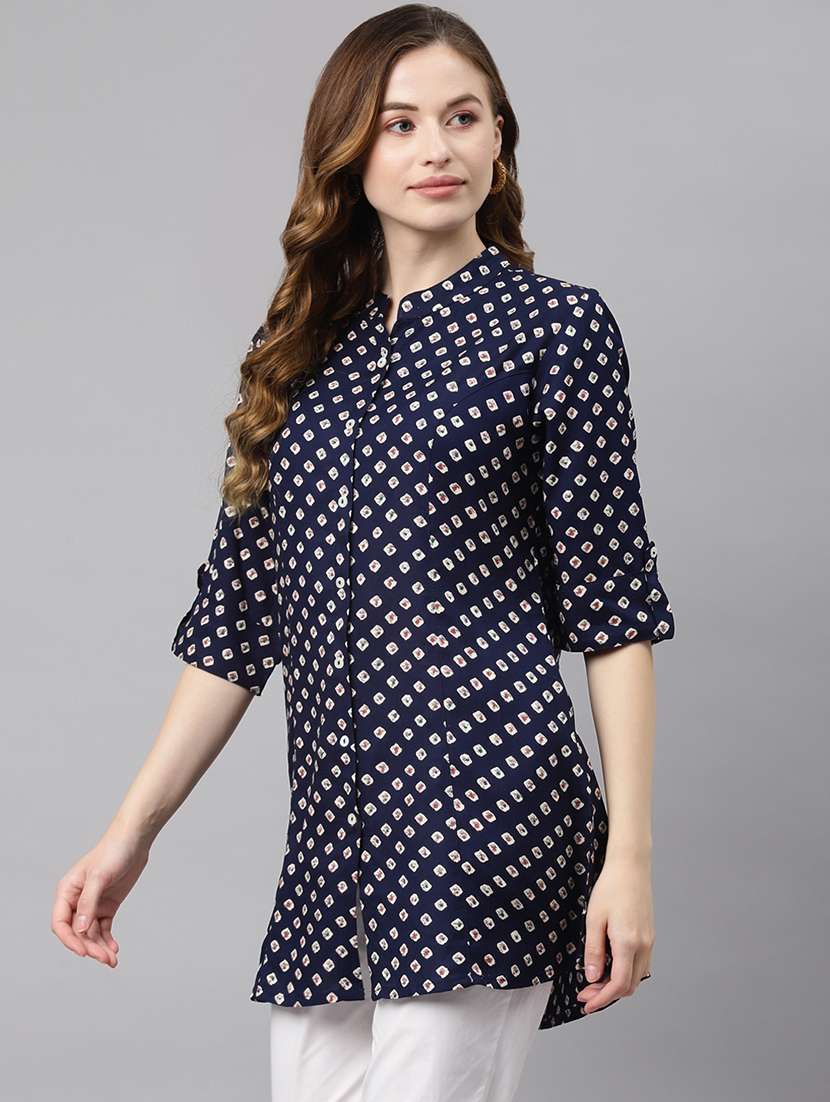 blue mandarin neck printed tunic - 19154678 -  Standard Image - 1