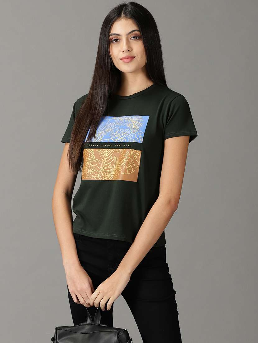 women's chest print crew neck t-shirt - 19159889 -  Standard Image - 1