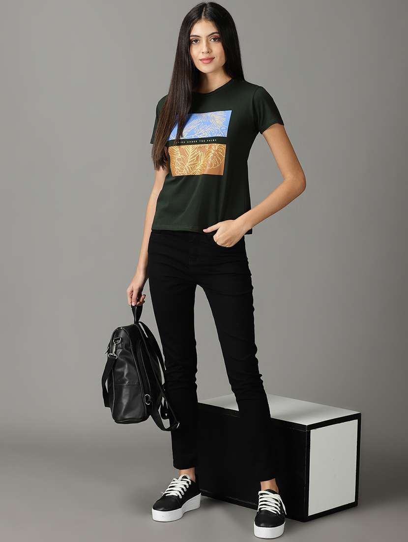 women's chest print crew neck t-shirt - 19159889 -  Standard Image - 4