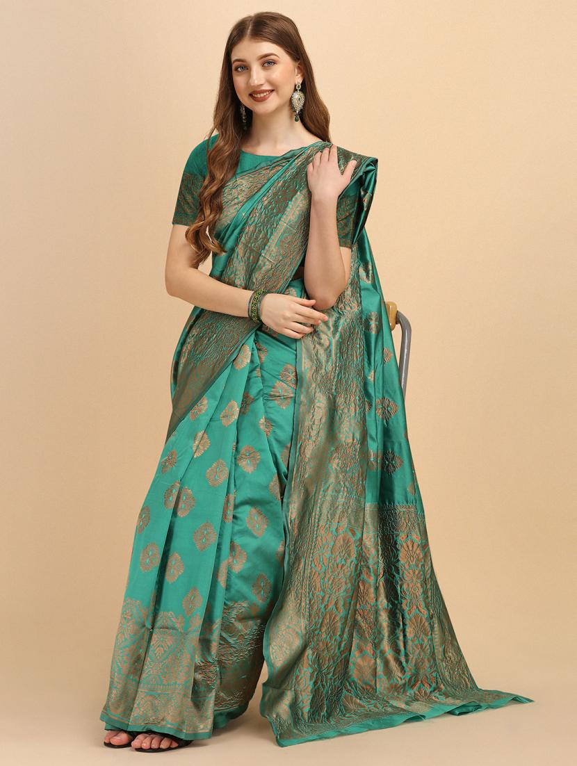 teal woven saree with blouse - 19161170 -  Standard Image - 1