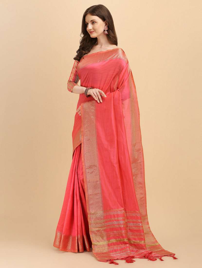women's self design coral colored saree with blouse - 19161225 -  Standard Image - 1