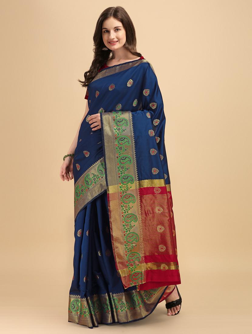 navy silk banarasi saree with blouse - 19161248 -  Standard Image - 1