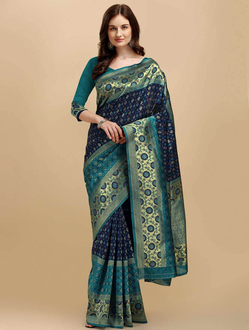 navy silk banarasi saree with blouse - 19161294 -  Standard Image - 1