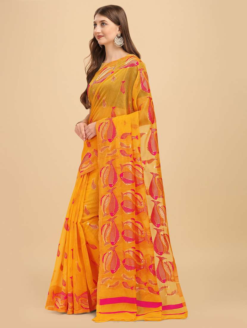 women's foil print mustard colored saree with blouse - 19161318 -  Standard Image - 1