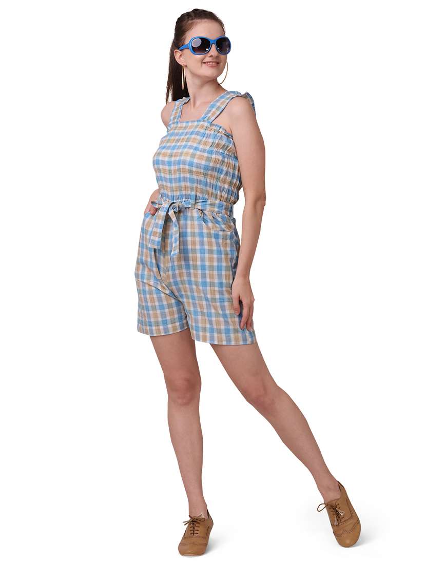 light blue checkered knee length jumpsuit - 19161739 -  Standard Image - 1