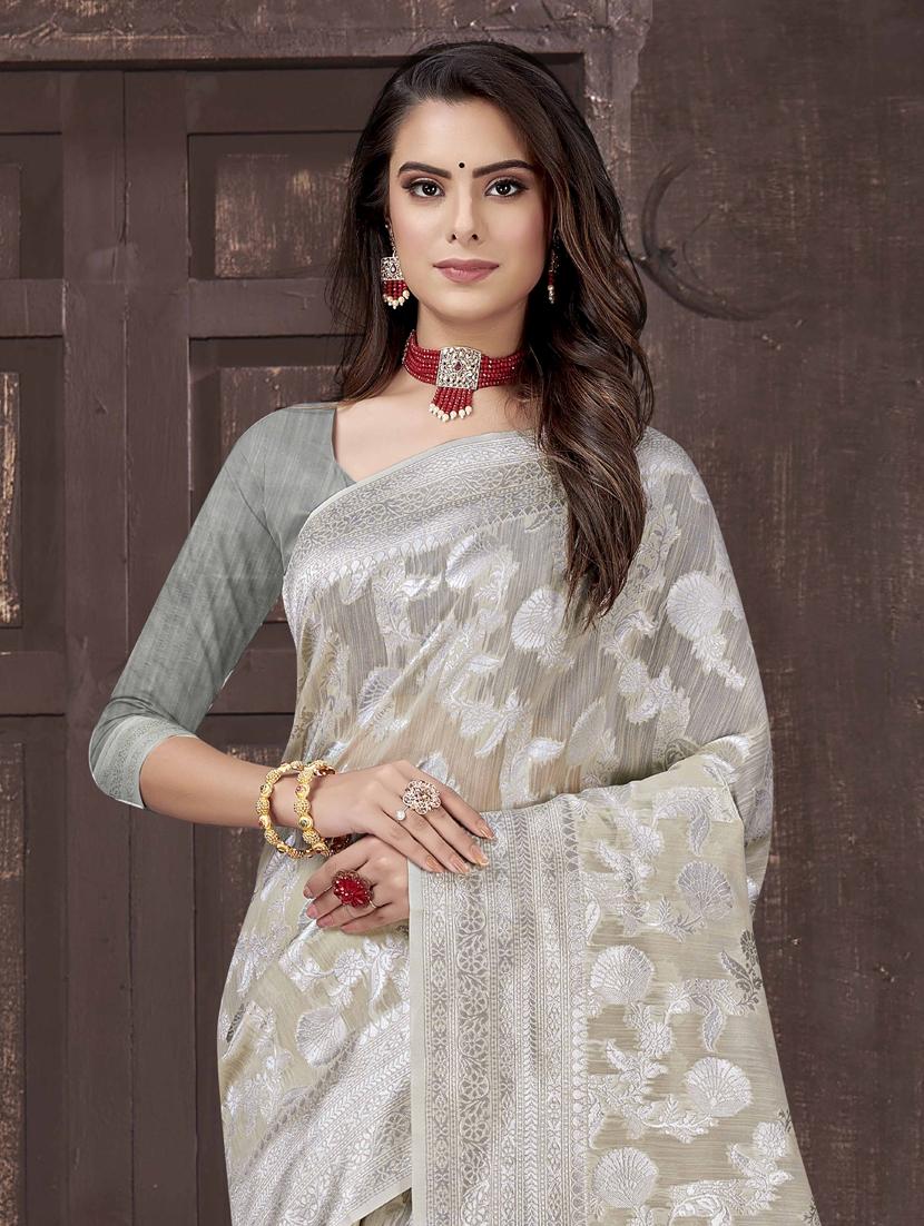 silver jacquard saree with blouse - 19163397 - Standard Image - 1