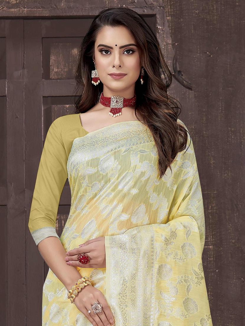 yellow jacquard saree with blouse - 19163401 - Standard Image - 1