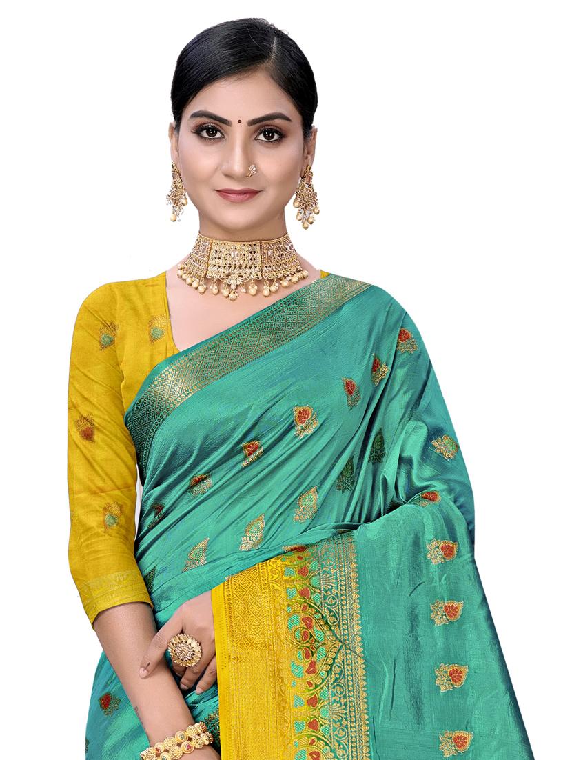 turquoise jacquard saree - 19163413 - Standard Image - 1