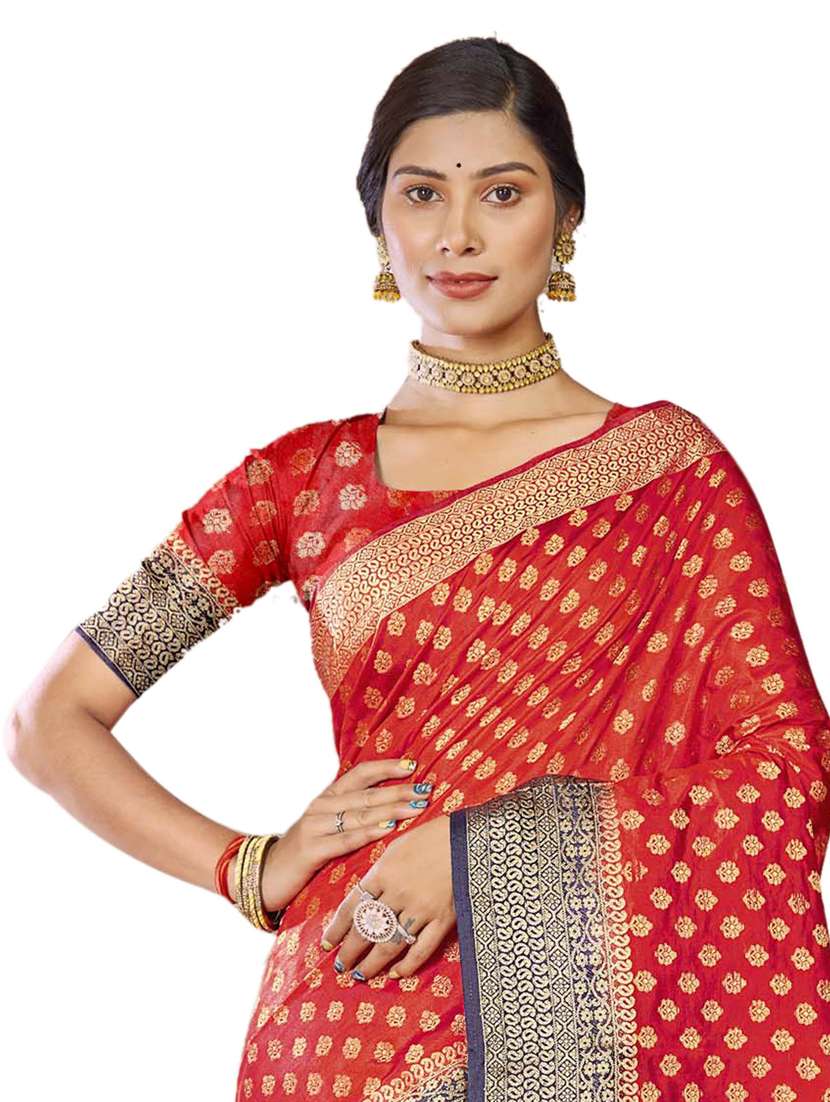 red jacquard saree with blouse - 19163447 - Standard Image - 1