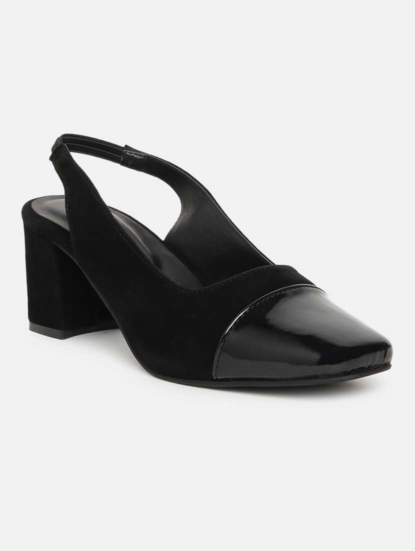 black synthetic back strap sandals