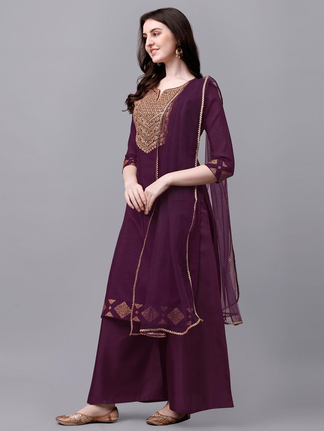 purple chanderi kurta sharara set - 19169531 - Standard Image - 1