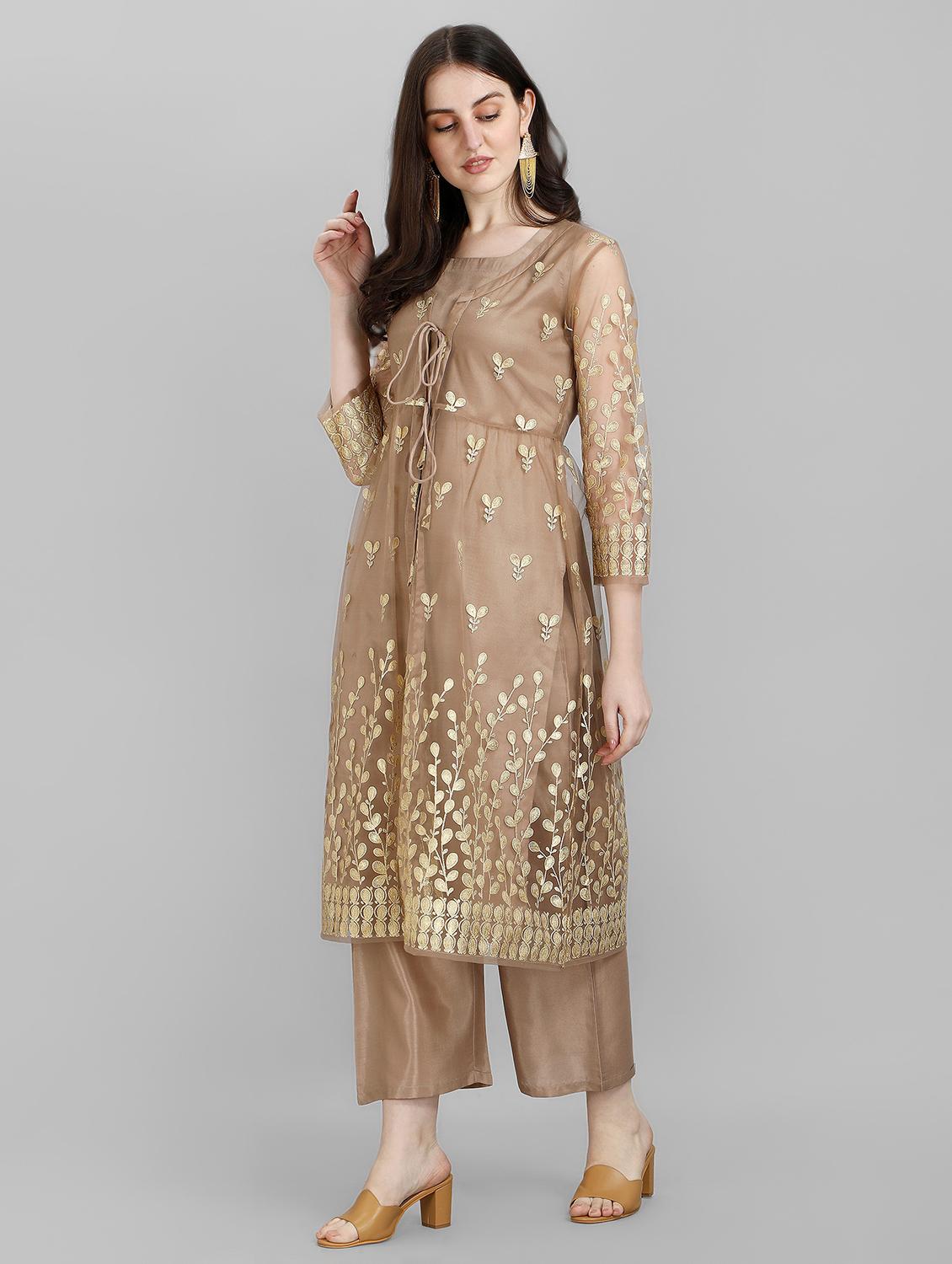 embroidered kurta pant set with shrug - 19169535 -  Standard Image - 1