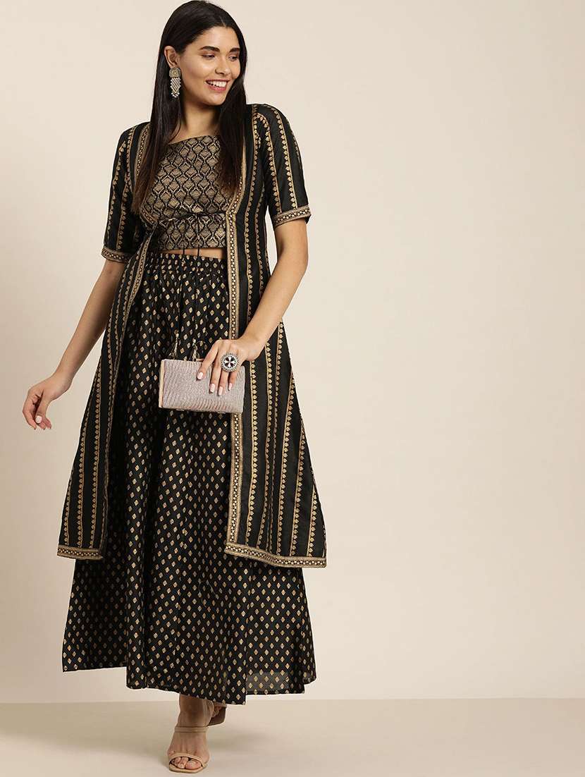 foil printed top and skirt set with ethnic jacket