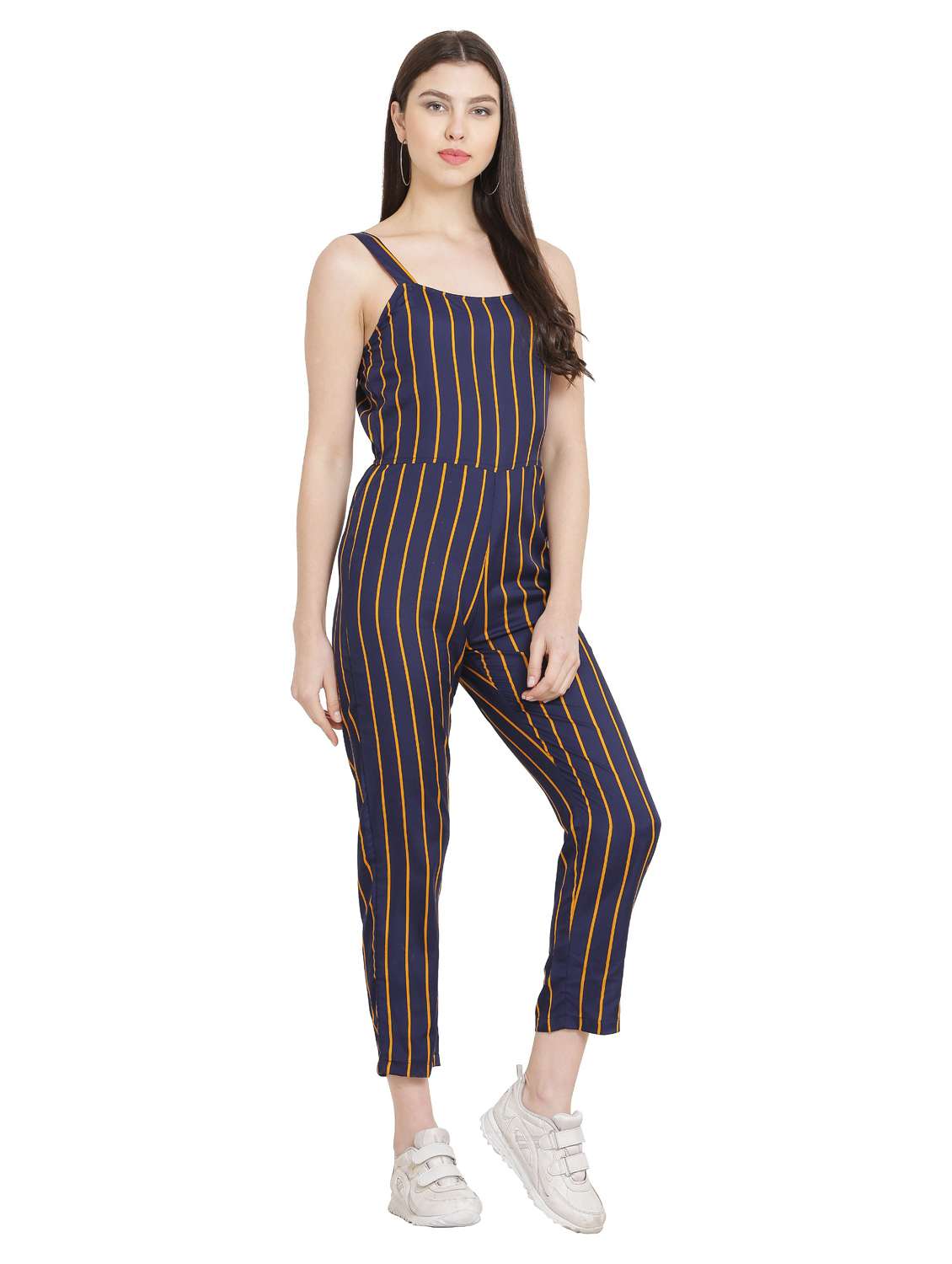 dark blue striped knee length jumpsuit - 19171530 - Standard Image - 1