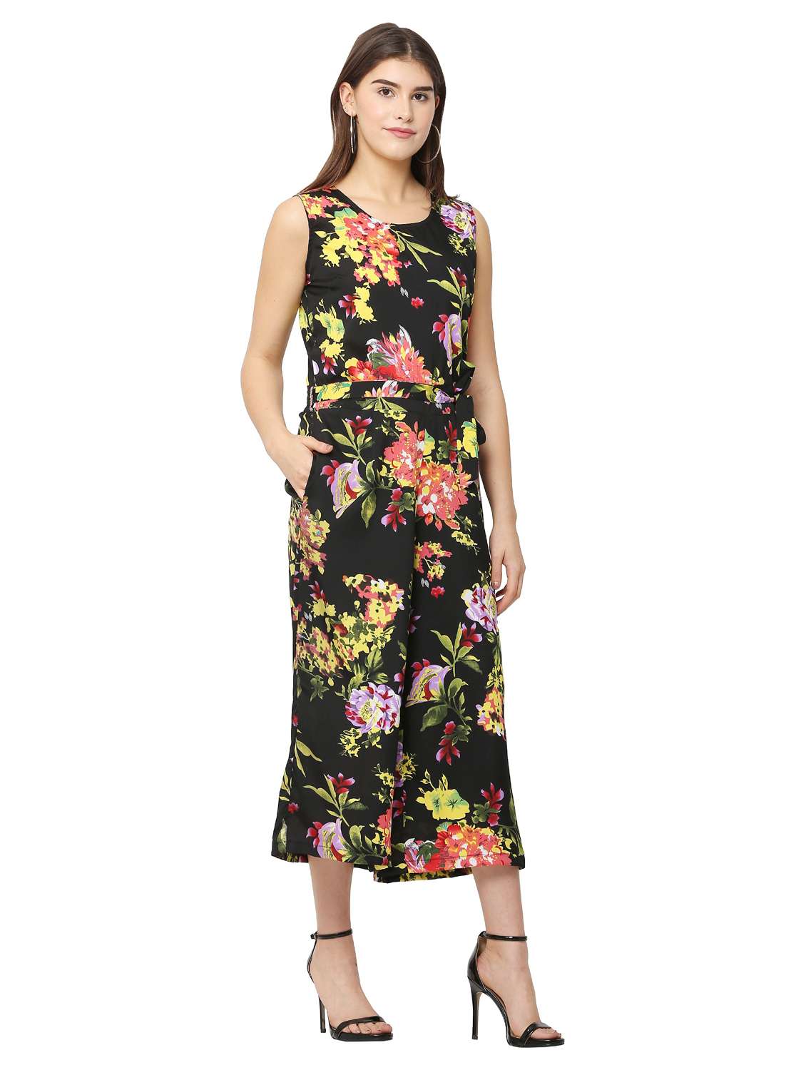 yellow printed knee length jumpsuit - 19171552 - Standard Image - 1