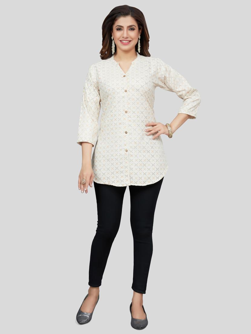 cream cotton blend straight kurti - 19172753 - Standard Image - 4