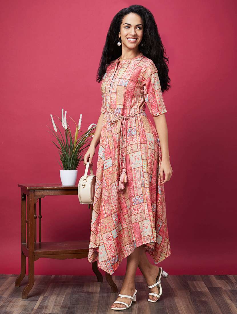 globus women coral floral patch print asymmetric hem a-line midi dress with tassel belt - 19172877 -  Standard Image - 1