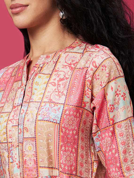 globus women coral floral patch print asymmetric hem a-line midi dress with tassel belt - 19172877 -  Standard Image - 4