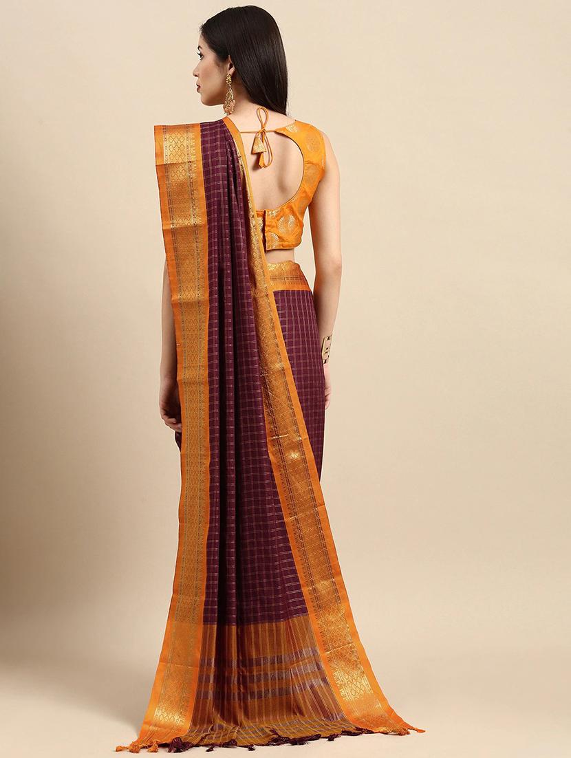 purple checkered saree set with blouse - 19175929 -  Standard Image - 1