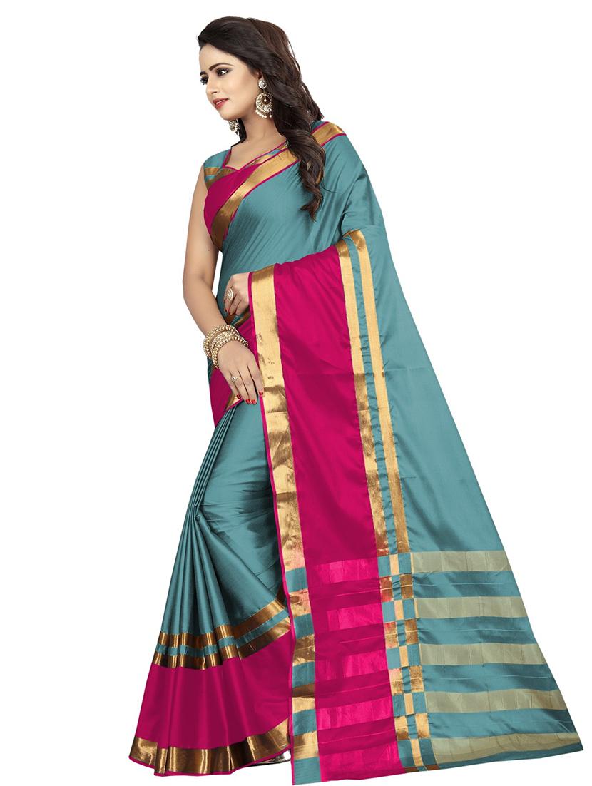 self design blue solid saree with blouse - 19175936 - Standard Image - 1