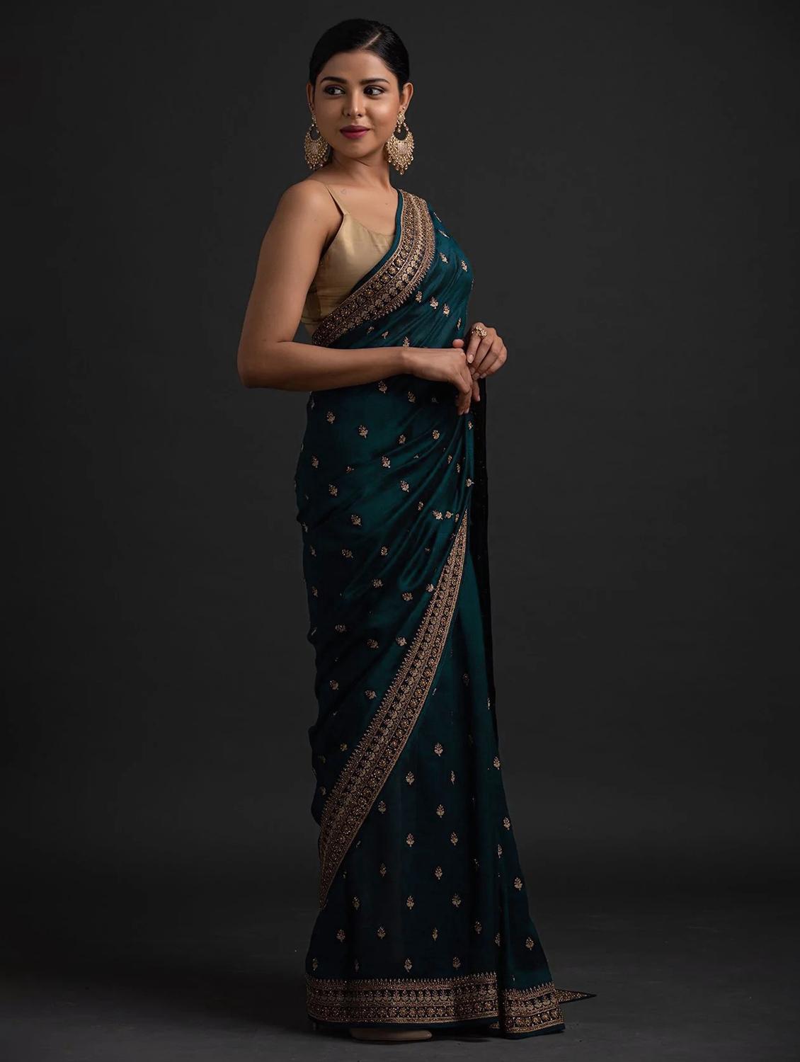 teal embroidered bordered saree with blouse - 19176549 -  Standard Image - 1