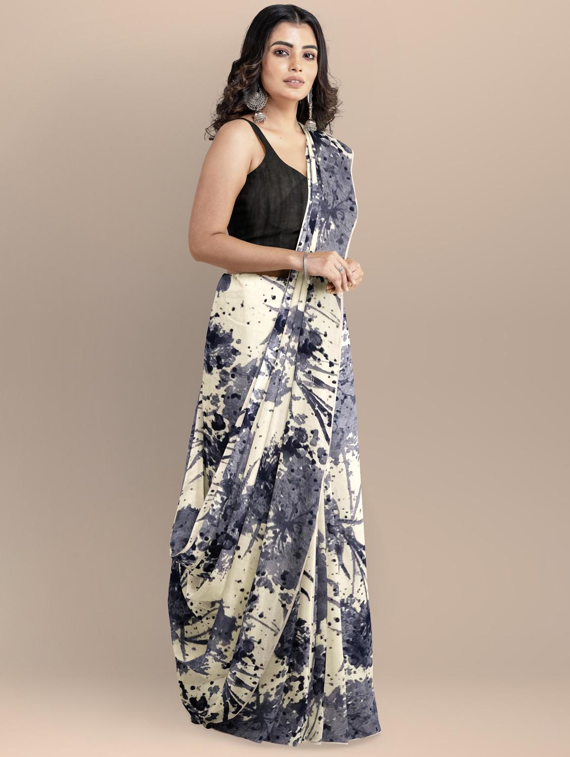 white printed saree - 19176590 - Standard Image - 1