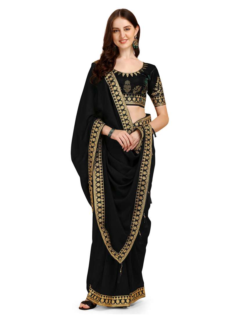black solid set saree with border with blouse