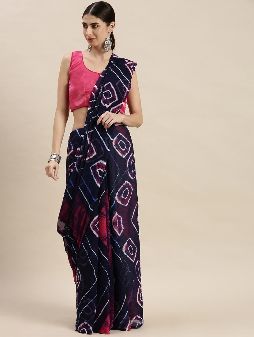 women's printed navy blue colored saree with blouse - 19179138 - Zoom Image - 0