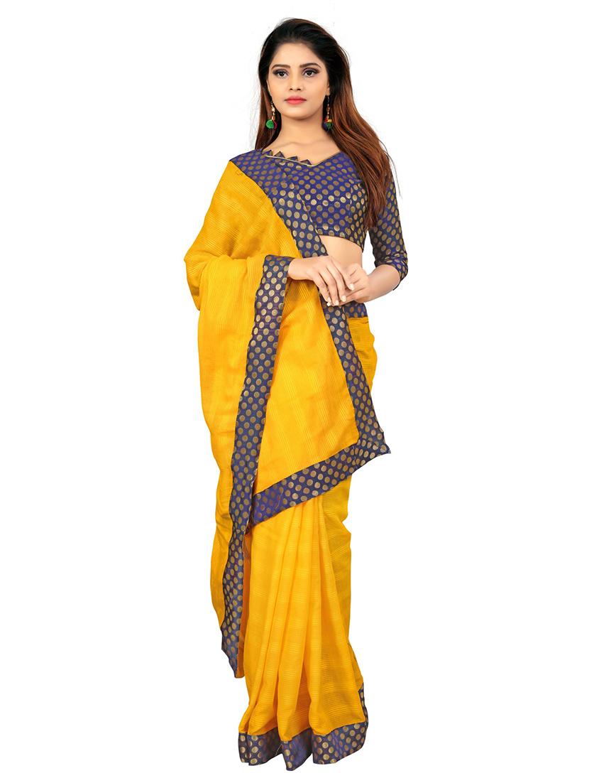 yellow solid with border saree set with blouse - 19179403 - Standard Image - 1
