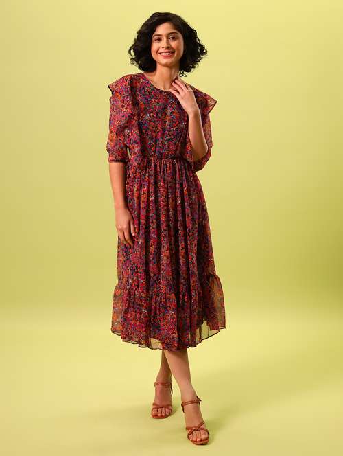 women floral printed round neck tiered dress - 19180002 - Standard Image - 0
